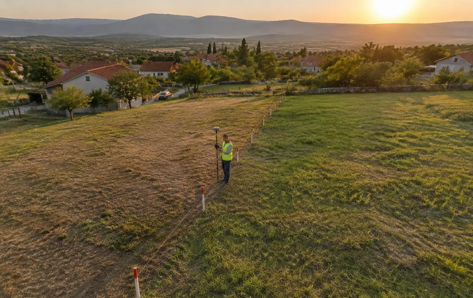 Геодет со GNSS приемник ја обележува линијата за физичка делба на парцела