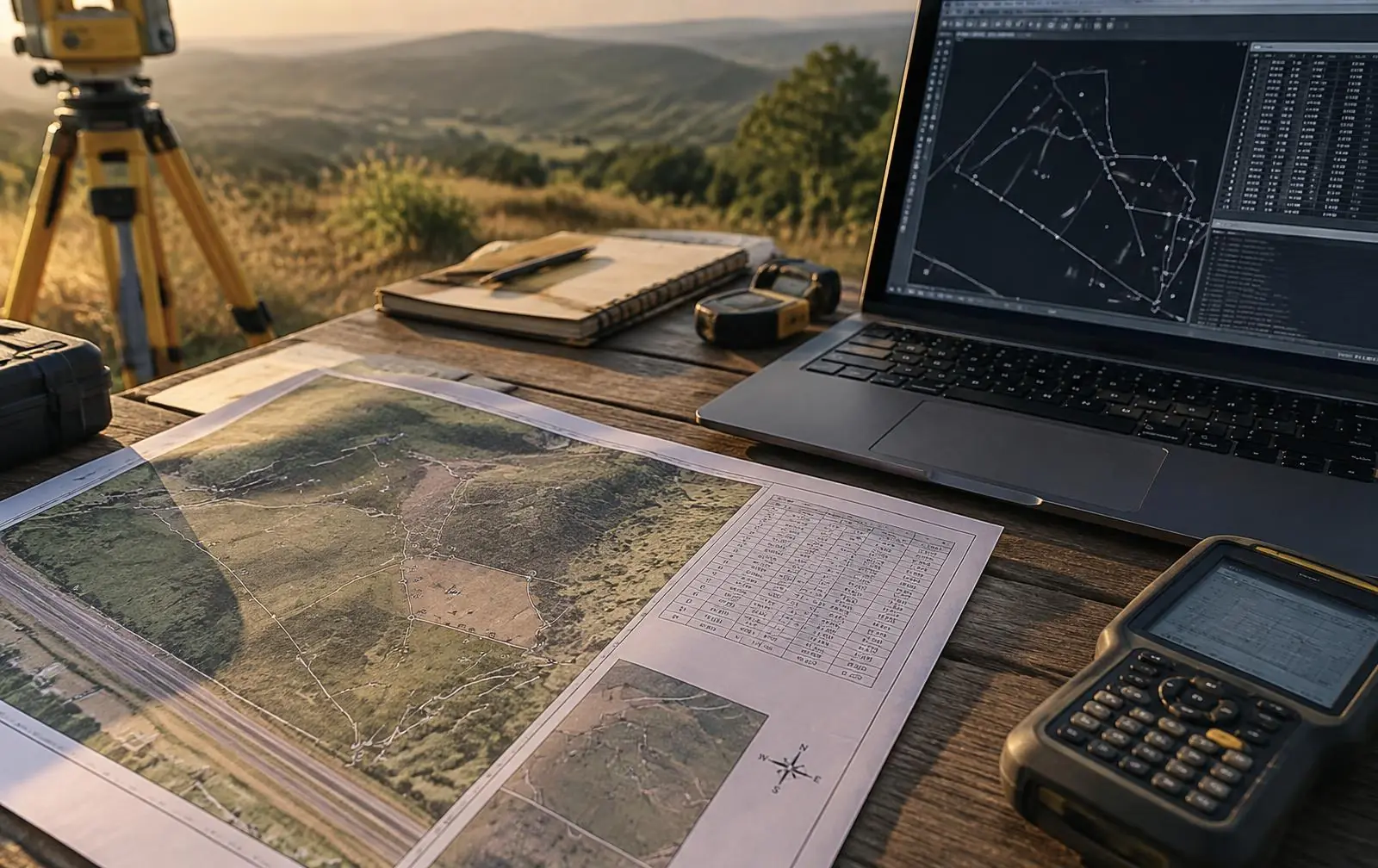 Катастарски план со нумерички координати на точки, лаптоп и GNSS контролер